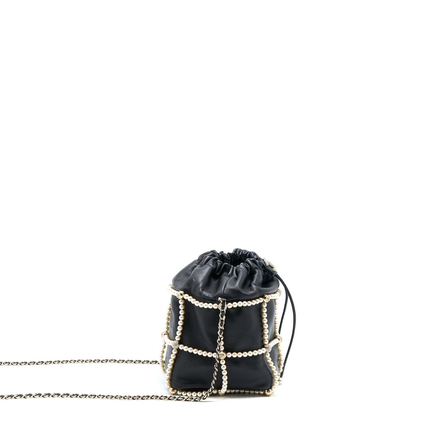 Chanel Bucket Crystal CC Logo Pearl Chain Bag Lambskin Black SHW