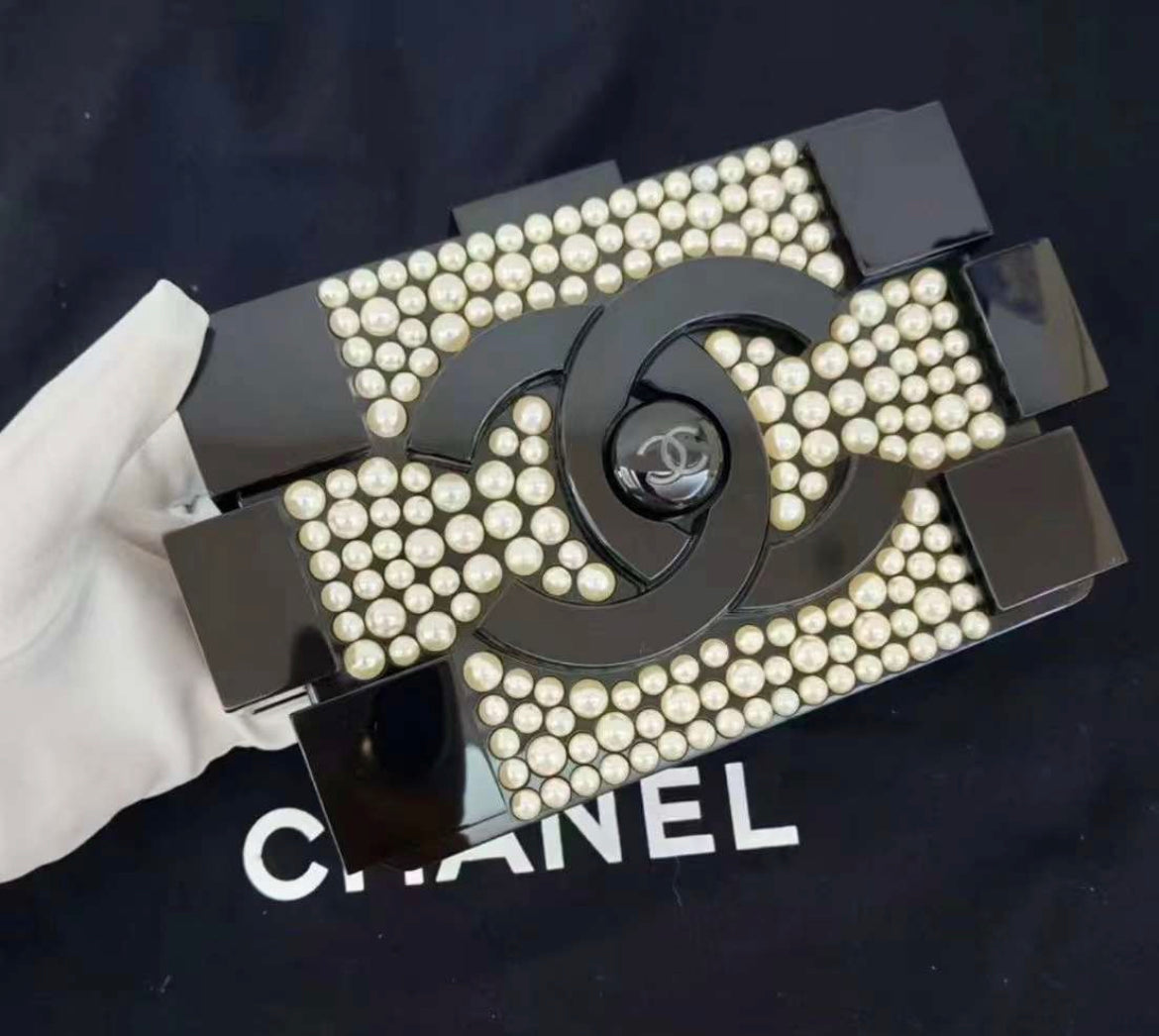 Chanel Black Lucite And White Pearl Lego Brick Clutch Black Hardware 2014