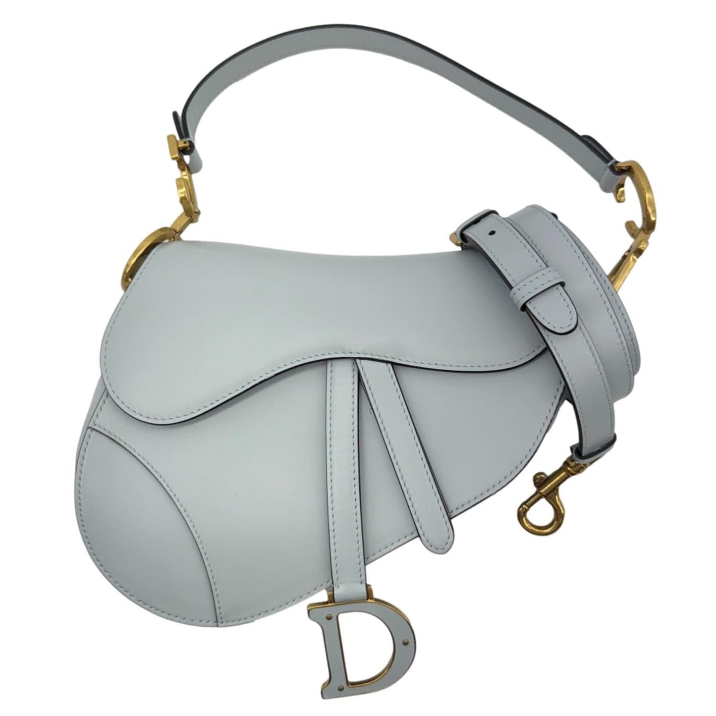 Christian Dior Saddle Leather Satchel Shoulder Bag Light Blue