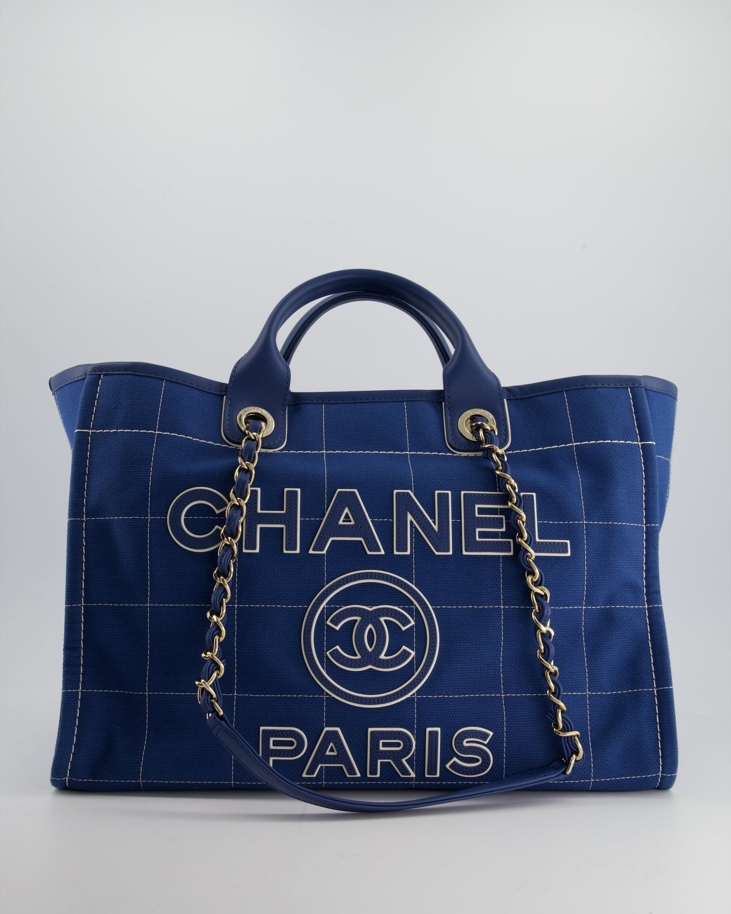 Chanel Deauville Medium Canvas Blue Gold Tote Style