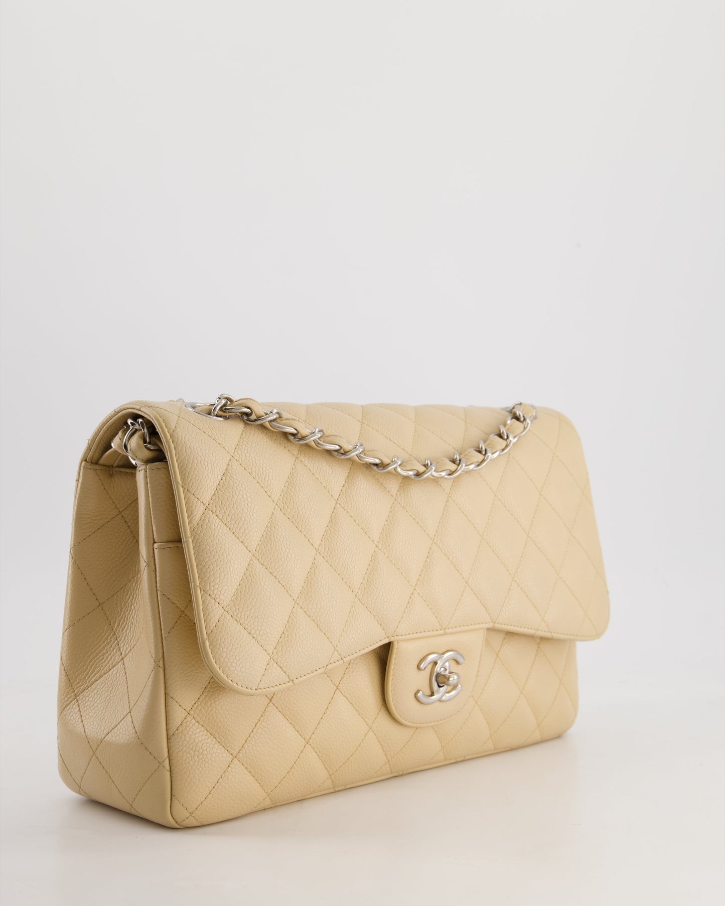 Chanel Flap Classic Caviar Leather Beige Silver Shoulder Bag Style
