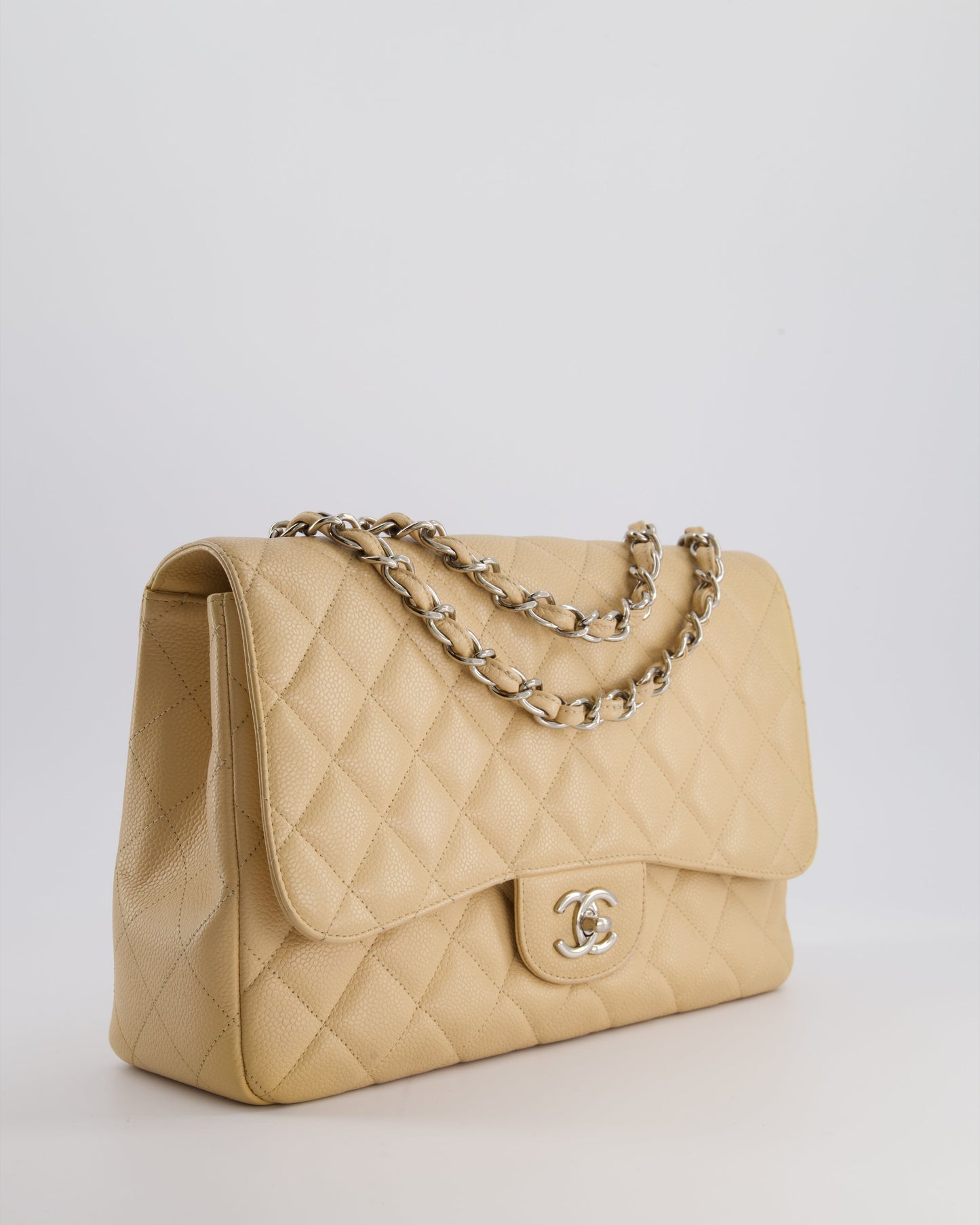 Chanel Flap Classic Caviar Leather Beige Silver Shoulder Bag Style 2