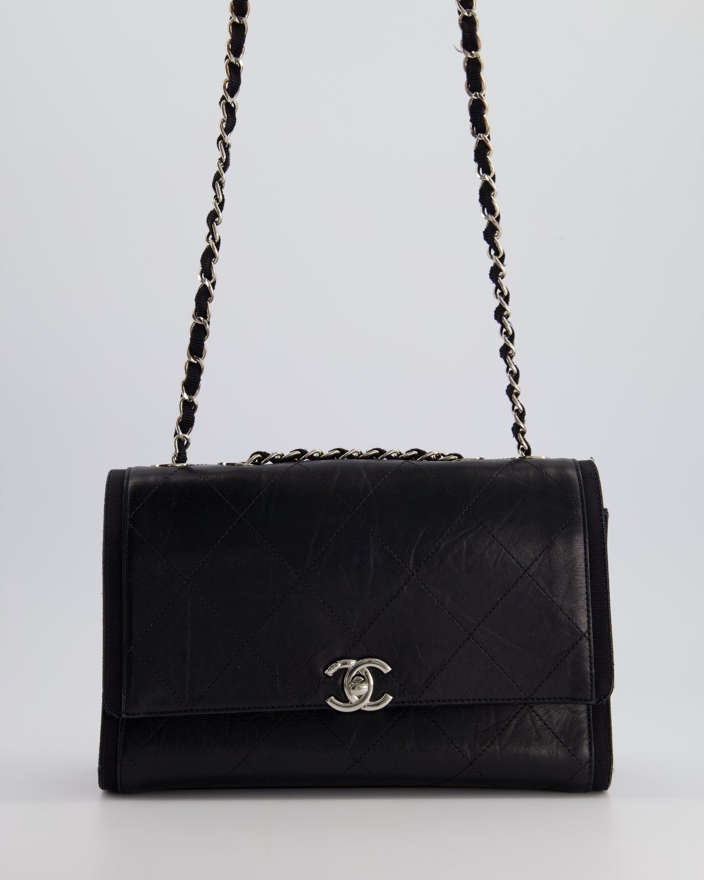 Chanel Flap Calfskin Leather Black Silver Shoulder Bag Style