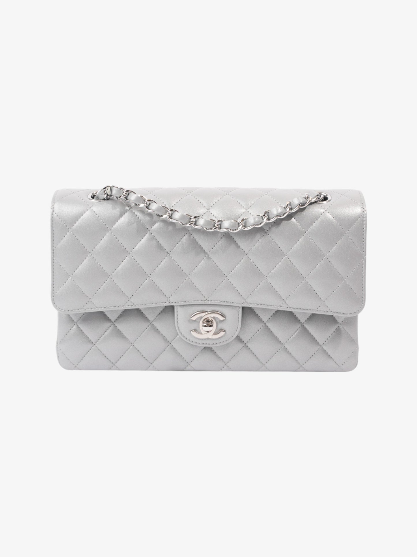 Chanel Classic Double Flap Silver Lambskin Leather Medium