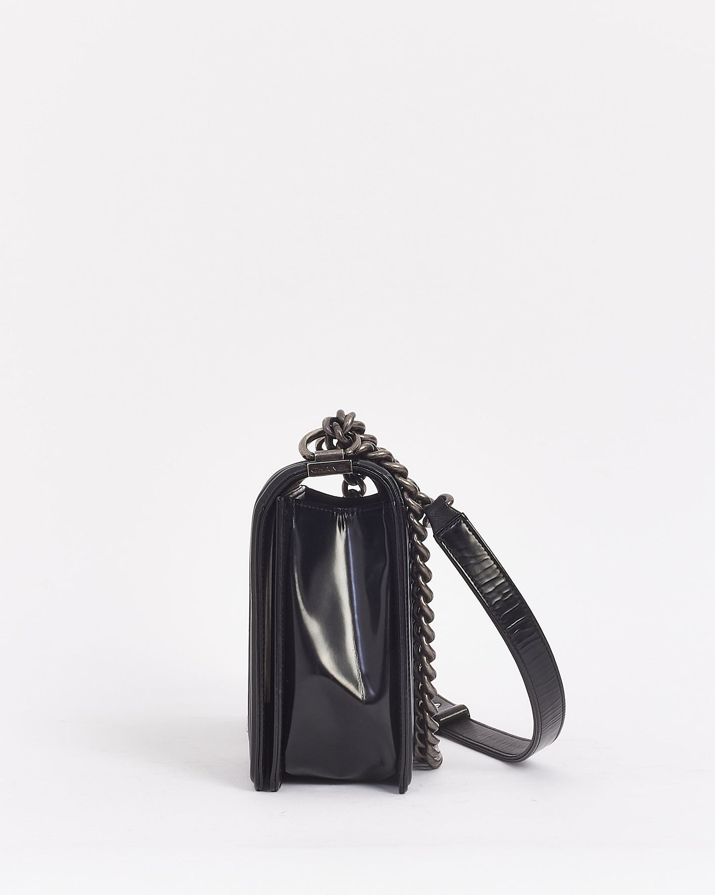 Chanel Black Smooth Glossy Leather Large Boy Bag