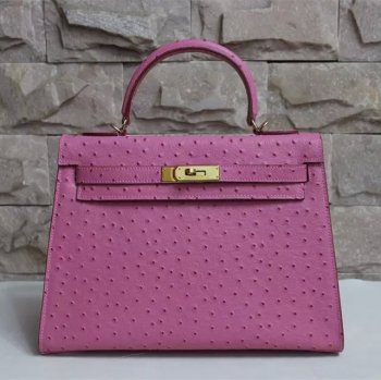 Luxury Hermes Kelly 32Cm Ostrich Vein Handbag Pink Golden