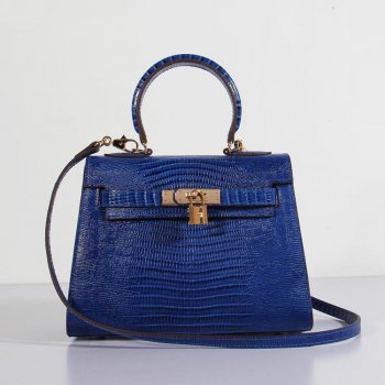 Luxury Hermes Kelly 25Cm Lizard Leather Bag Electric Blue Gold