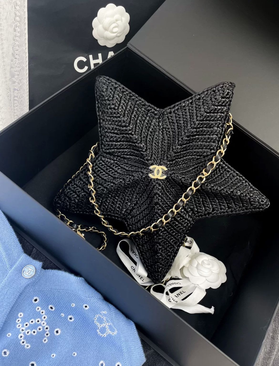 Chanel Star Coco Beach Bag Black Raffia Aged Gold Hardware