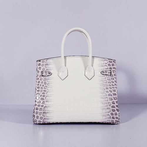 Luxury Hermes Birkin 30Cm Crocodile Leather Bag With Strap Grey White Gold