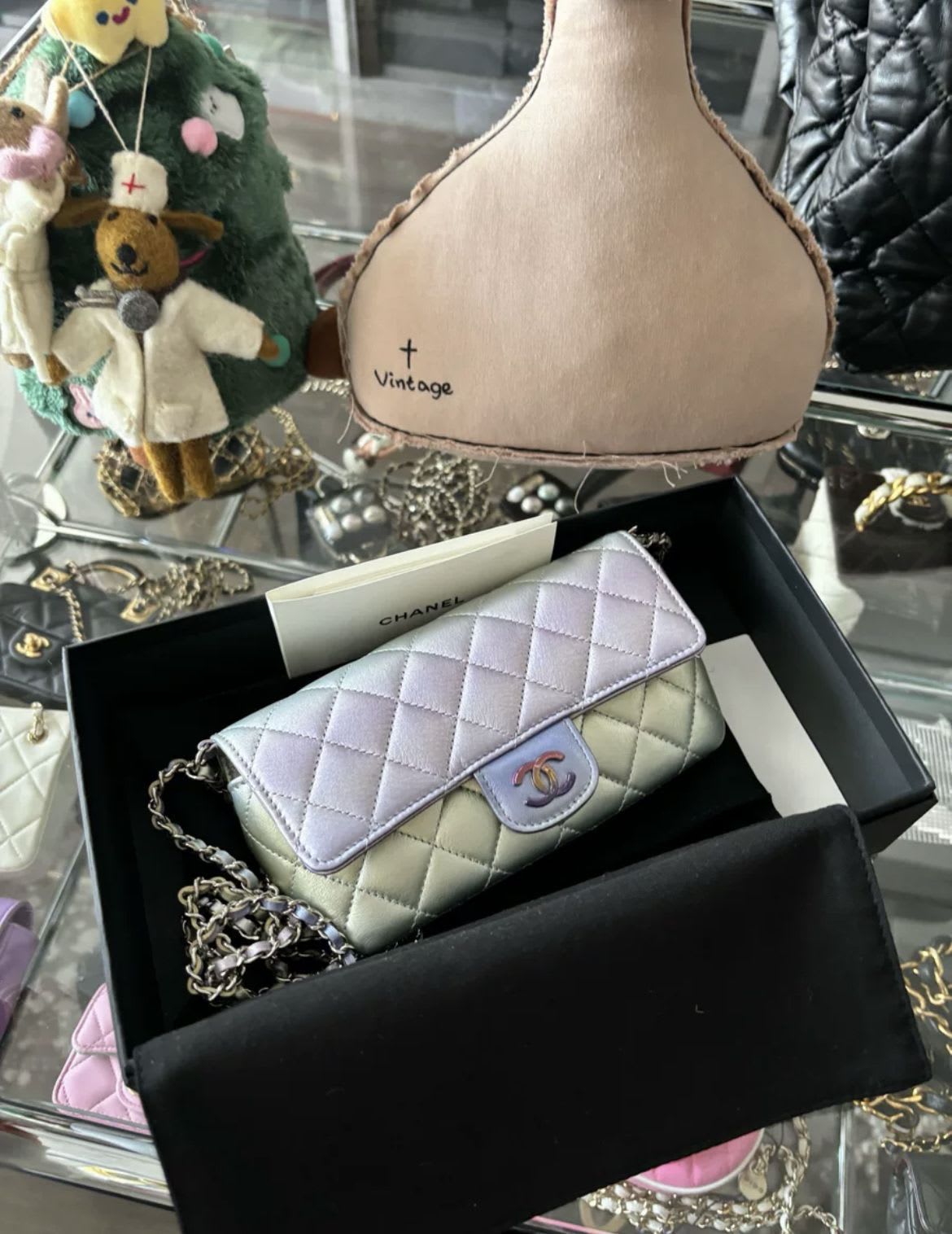Chanel Gradient Metallic Quilted Lambskin Glasses Case On Chain Iridescent Hardware 2021