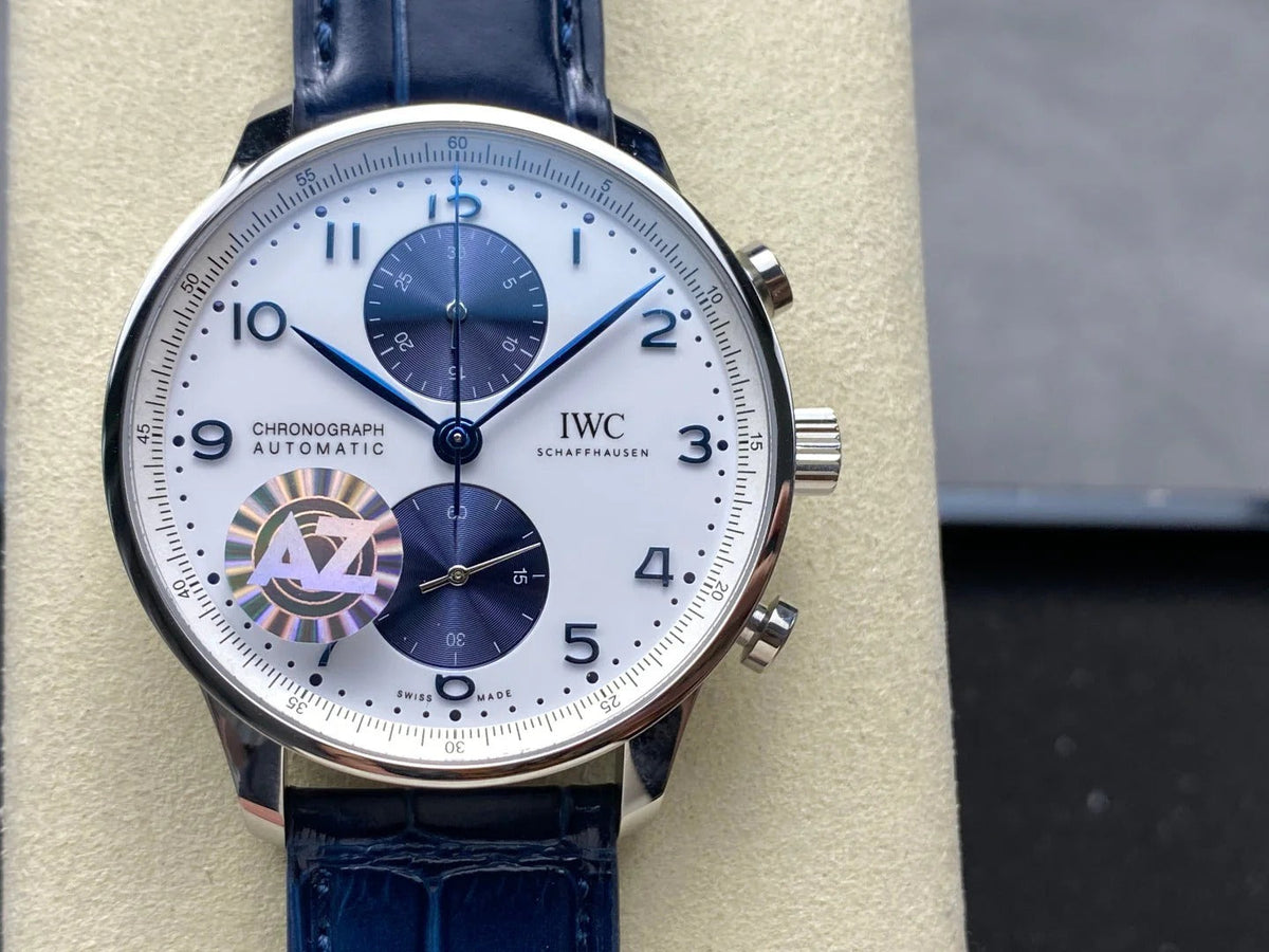 IWC Portuguese 41mm White Blue Dial Steel Case Navy Blue Crocodile Leather
