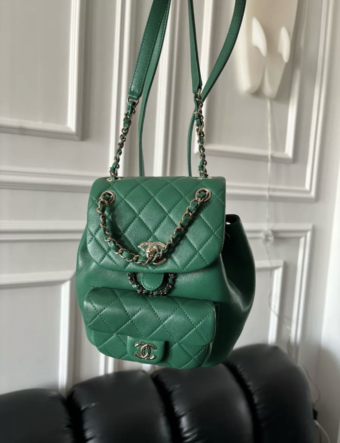 Chanel 22 Small Duma Backpack Green Lambskin Light Gold Hardware