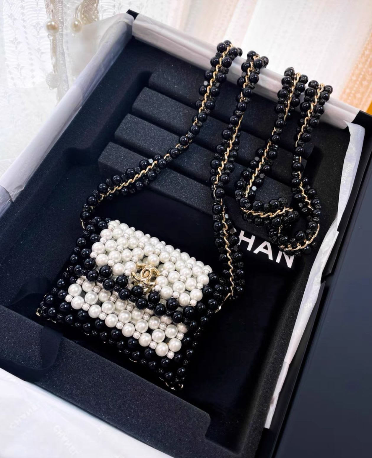 Chanel 22S Black White Pearl Evening Bag