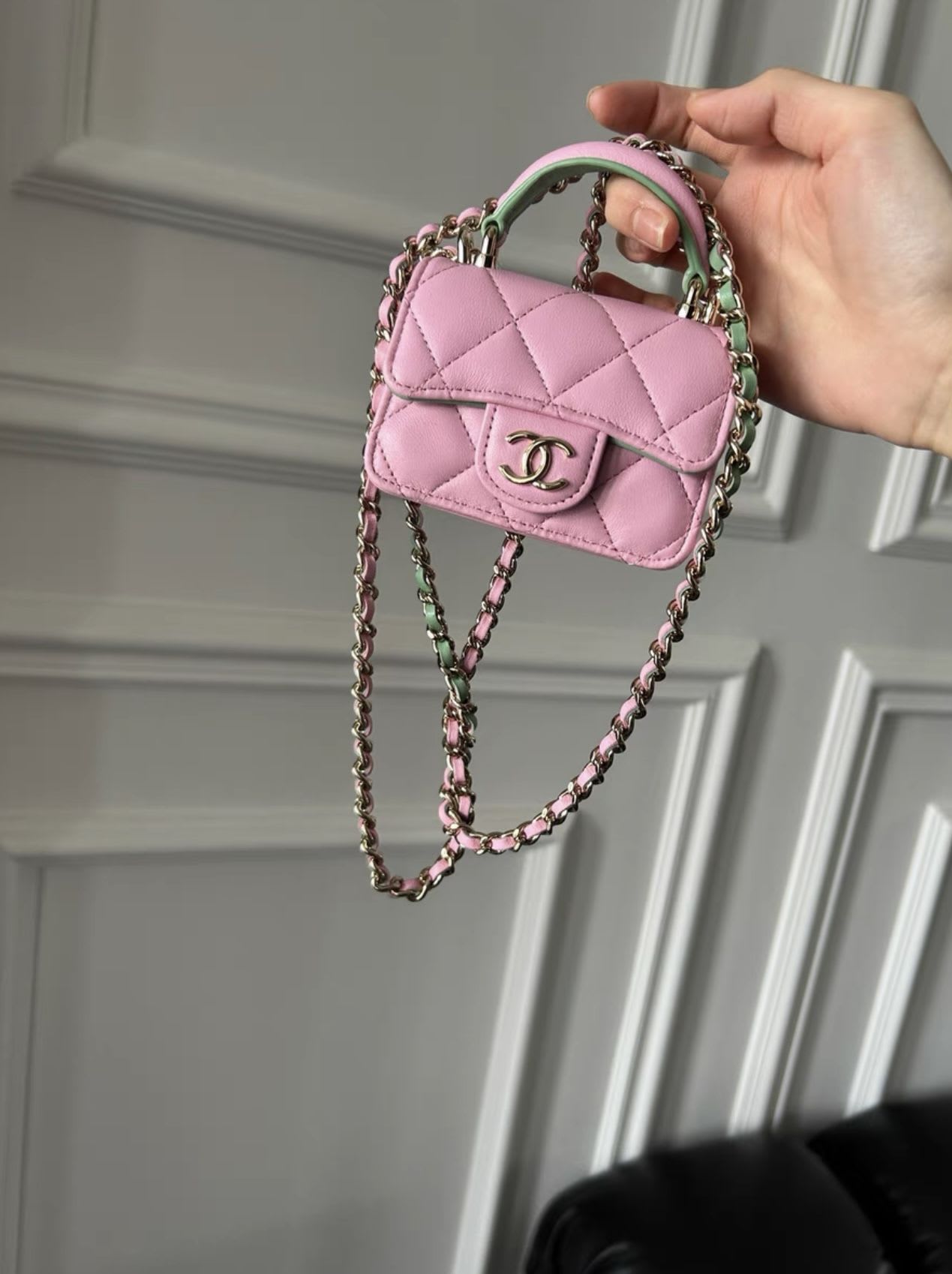 Chanel23 Pink Green Handle Mini Bag