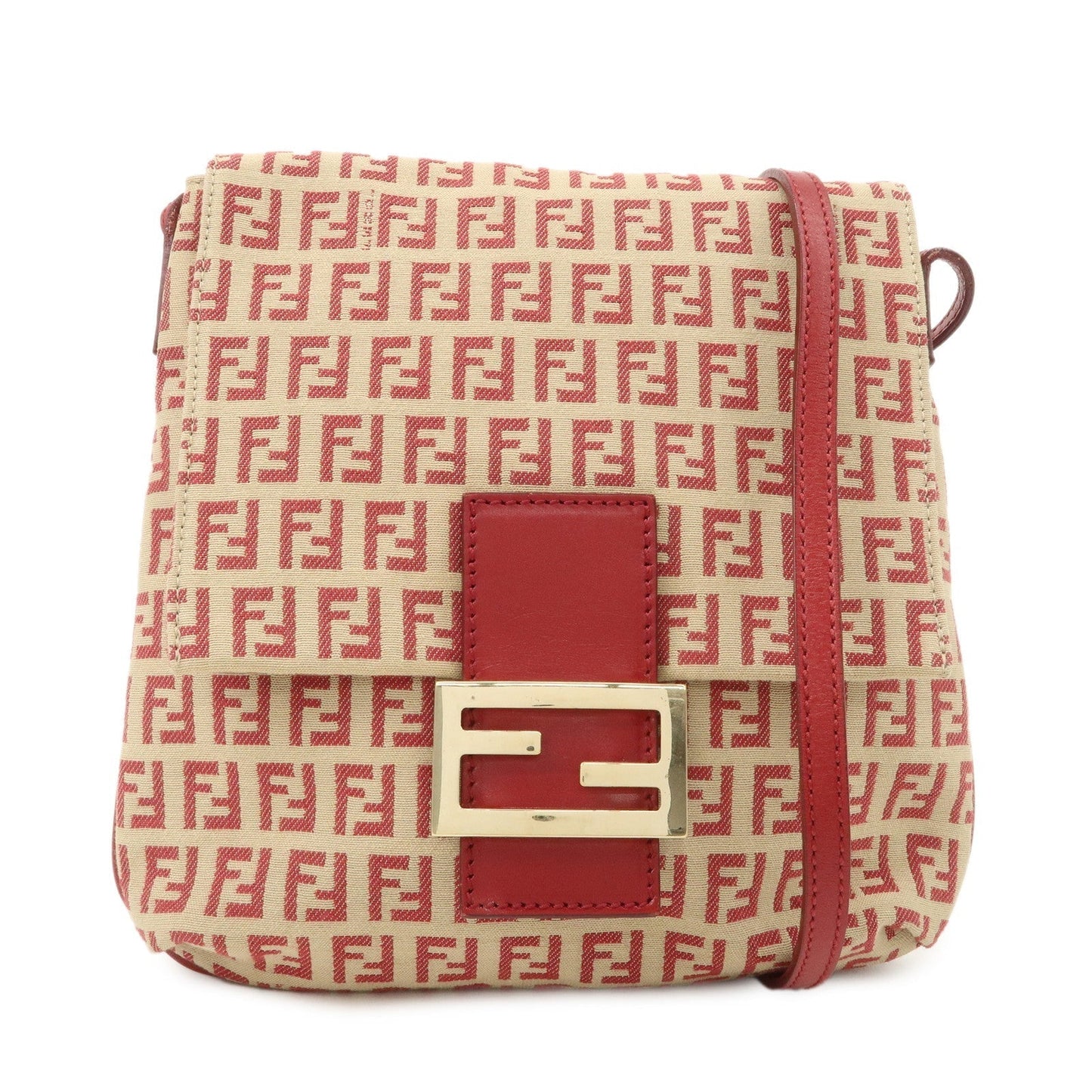 FENDI Zucchino Canvas Leather Shoulder Bag Beige Red 8BT075