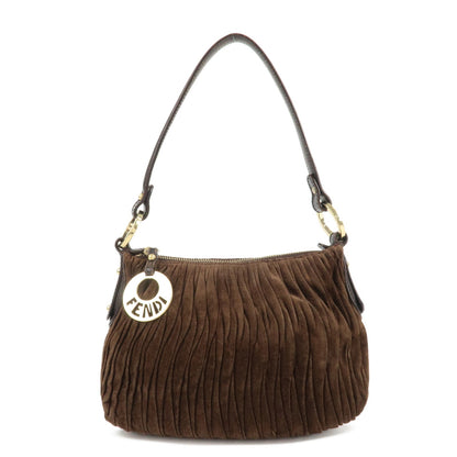 FENDI Suede Leather Gathered Shoulder Bag Dark Brown 8BR454