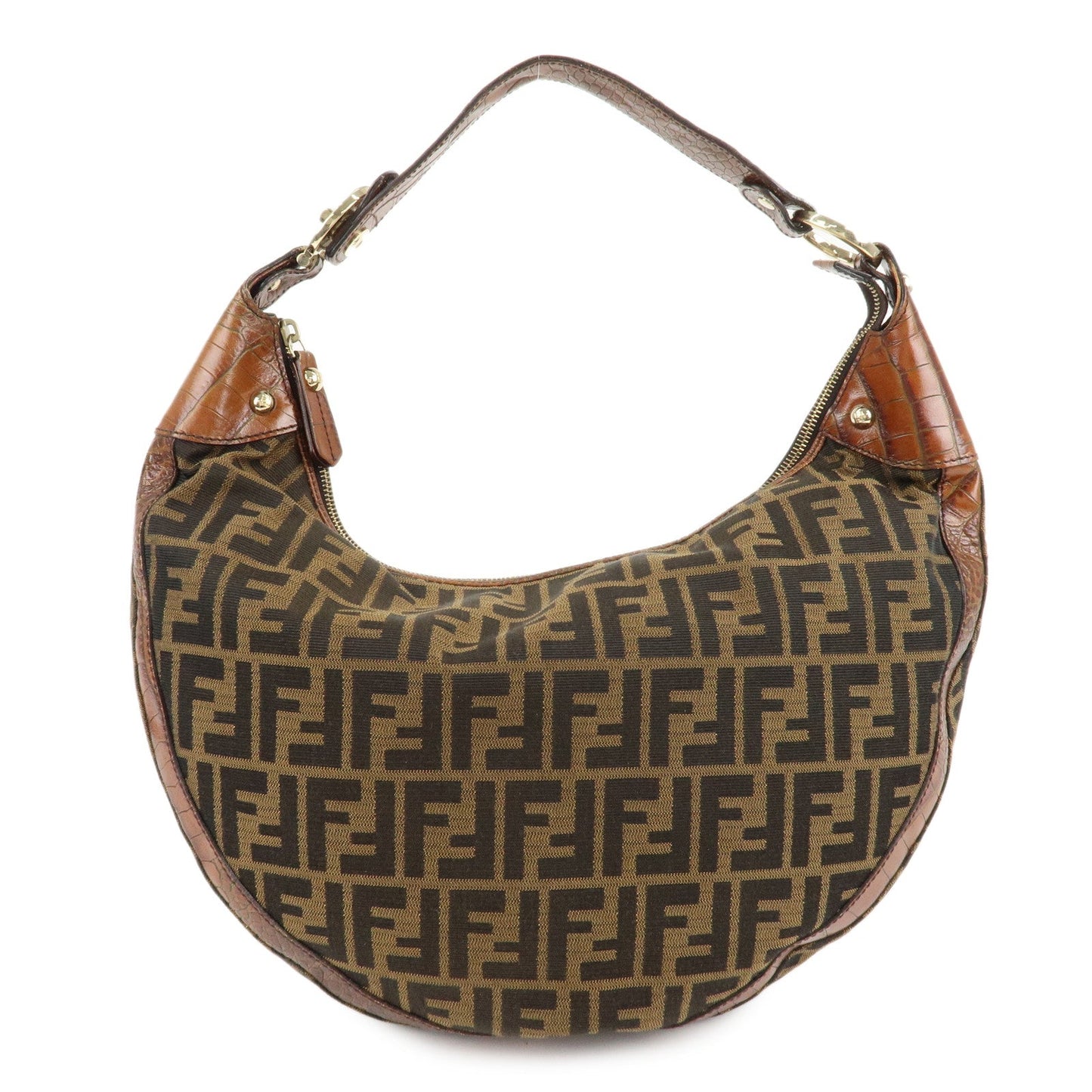 FENDI Zucca Canvas Embossed Leather Shoulder Bag Brown 8BR593