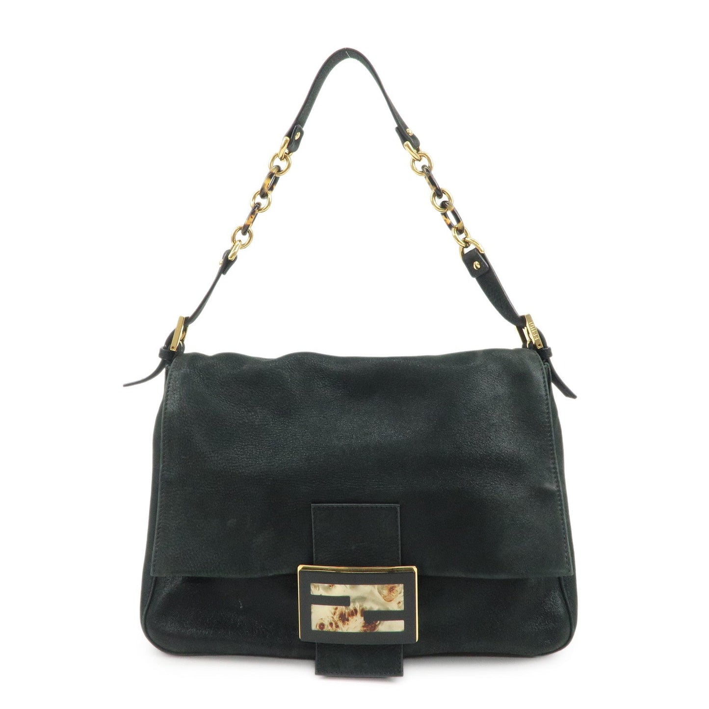 FENDI Mamma Baguette Leather Chain Shoulder Bag Gold Black 8BR638