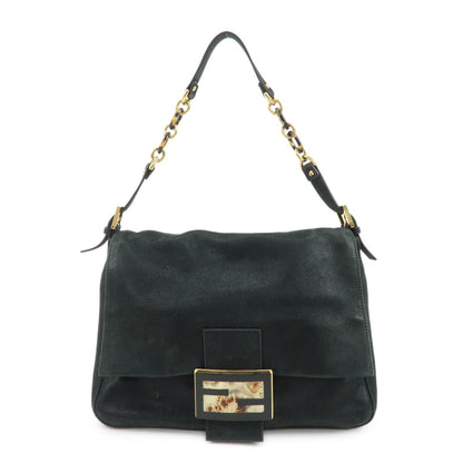 FENDI Mamma Baguette Leather Chain Shoulder Bag Gold Black 8BR638