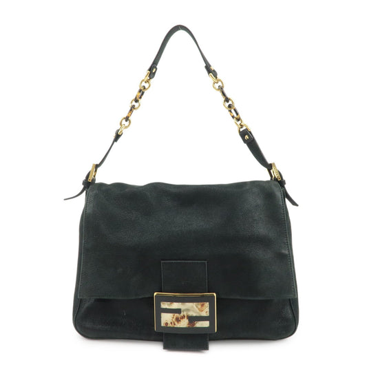 FENDI Mamma Baguette Leather Chain Shoulder Bag Gold Black 8BR638