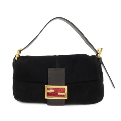 FENDI Mamma Baguette Suede Leather Shoulder Bag Black 26424