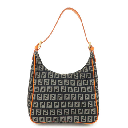 FENDI Zucchino Canvas Leather Shoulder Bag Black White 8BR157