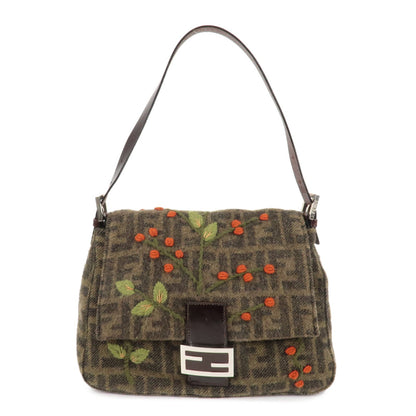 FENDI Mamma Baguette Zucca Wool Leather Shoulder Bag Flower