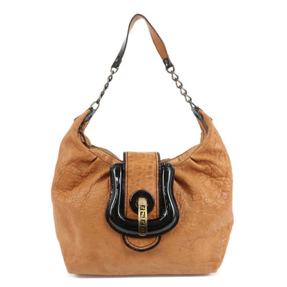 FENDI Leather Patent Leather Chain Shoulder Bag Brown 8BR563