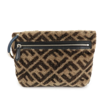 FENDI Zucca Wool Leather Clutch Bag Brown Black 7N0093