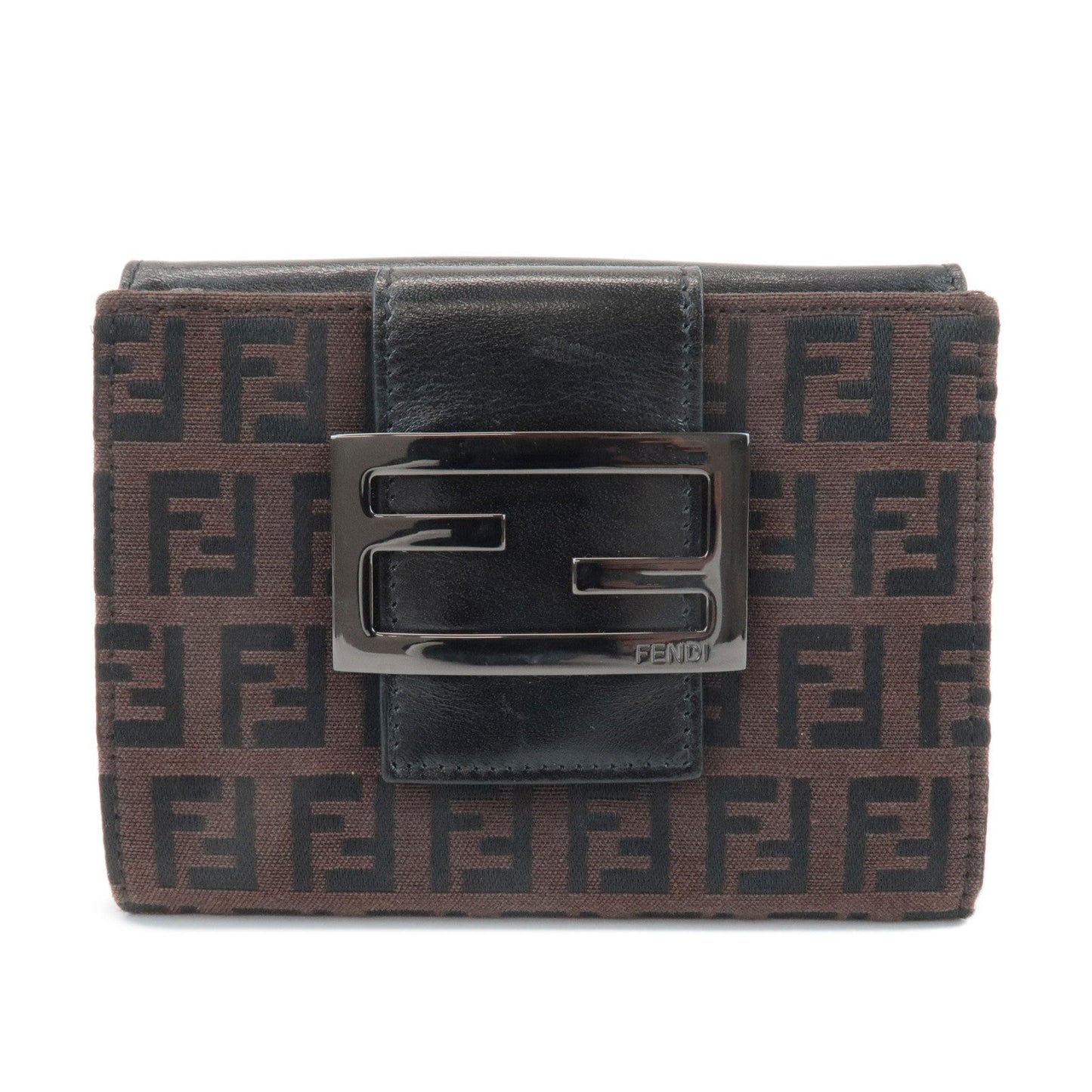 FENDI Zucca Canvas Leather Double Hook Wallet Brown Black 8M0035