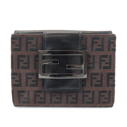 FENDI Zucca Canvas Leather Double Hook Wallet Brown Black 8M0035