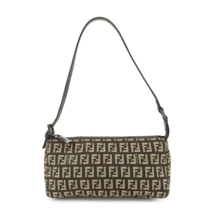 FENDI Zucchino Canvas Leather Shoulder Bag Dark Brown 8BR249
