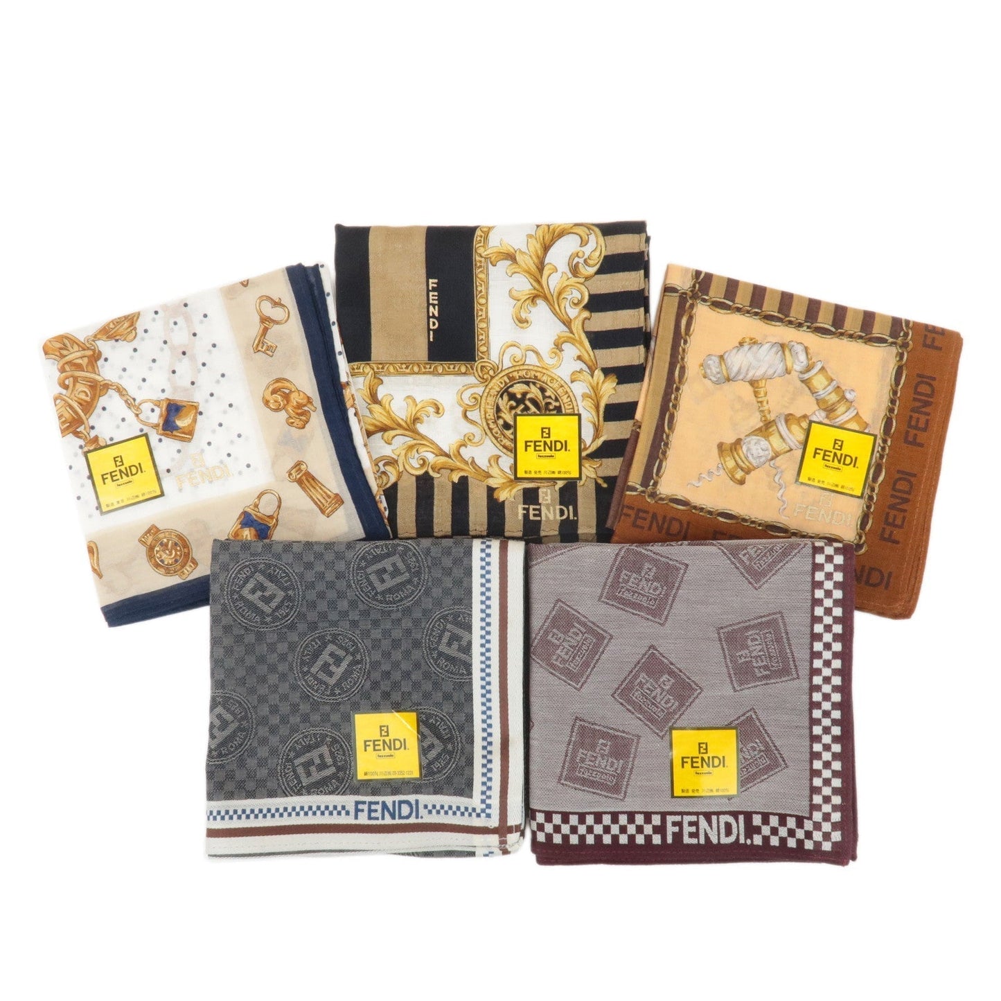 FENDI Set of 5 Cotton 100% Handkerchief Bordeaux Gray White Brown