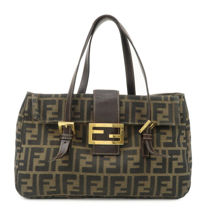 FENDI Zucca Canvas Leather Hand Bag Brown Black Gold Hardware