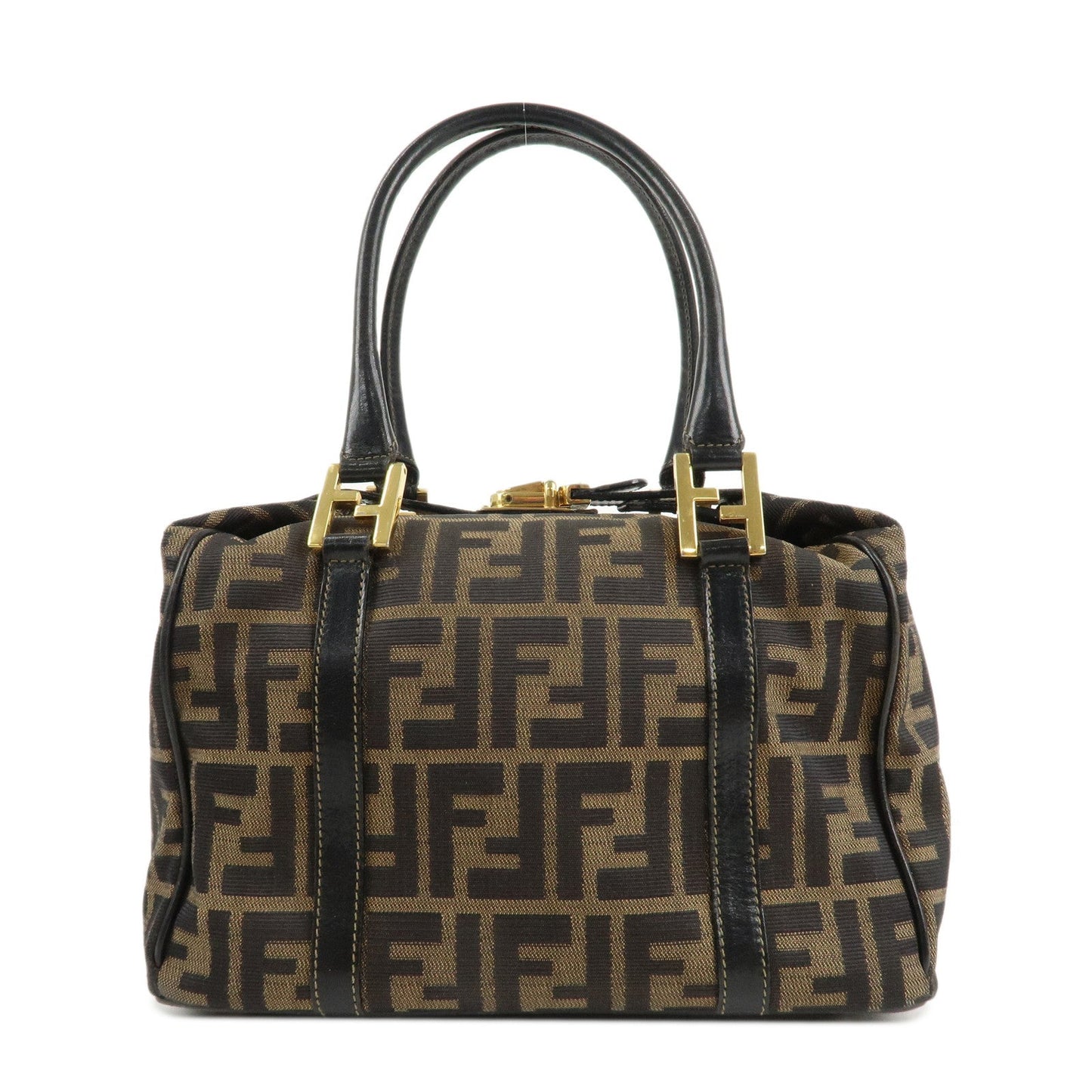 FENDI Zucca Canvas Leather Boston Bag Hand Bag Brown Black