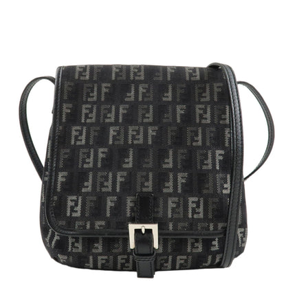 FENDI Zucchino Canvas Leather Shoulder Bag Brown Black 8BT052