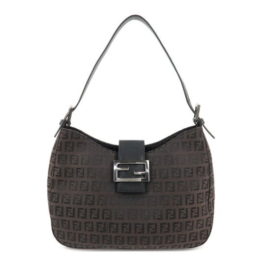 FENDI Zucchino Canvas Leather Shoulder Bag Brown Black 8BR036