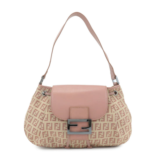 FENDI Zucchino Canvas Leather Shoulder Bag Beige Pink 8BR282