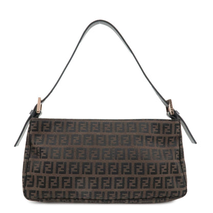 FENDI Zucchino Canvas Leather Shoulder Bag Dark Brown Black 8BR042