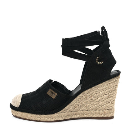 Fendi Canvas FF Embroidered Roma Ankle Wrap Wedge Espadrilles 36 Black
