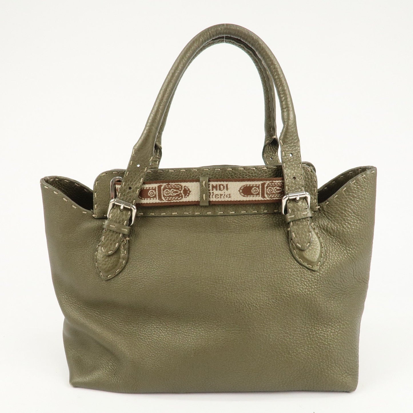 FENDI Selleria Leather Tote Bag Shoulder Bag Khaki 8BN155