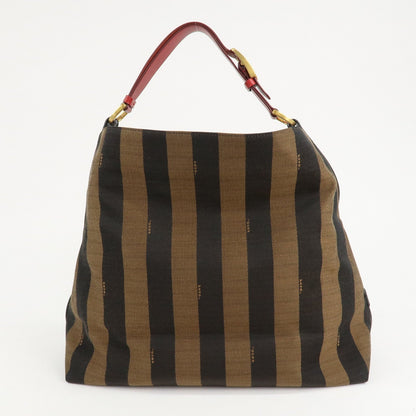 FENDI Pequin Canvas Leather Shoulder Bag Beige Black Brown 8BR653
