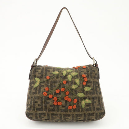 FENDI Mamma Baguette Wool Leather Shoulder Bag Tree Motif Khaki