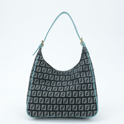 FENDI Zucchino Canvas Leather Shoulder Bag Black White Blue 8BR158