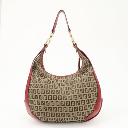 FENDI Zucchino Canvas Leather Shoulder Bag Khaki Brown Red 8BR465