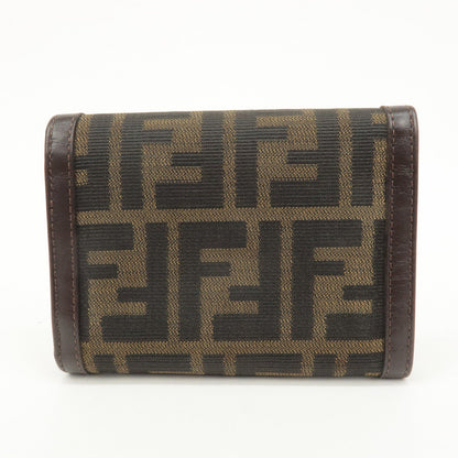 FENDI Zucca Canvas Leather Hook Tri-fold Wallet Brown 30729