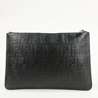 FENDI Zucca Leather Clutch Bag Hand Bag Black 7N0078