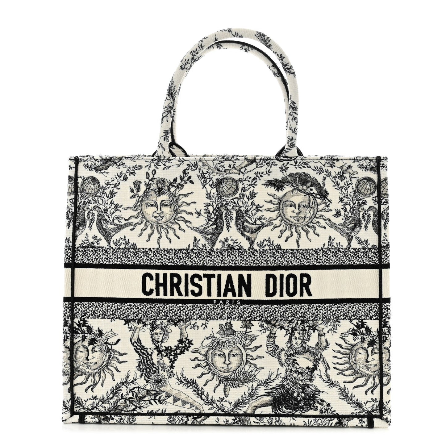 Christian Dior Canvas Embroidered Large Toile De Jouy Soleil Book Tote Black White