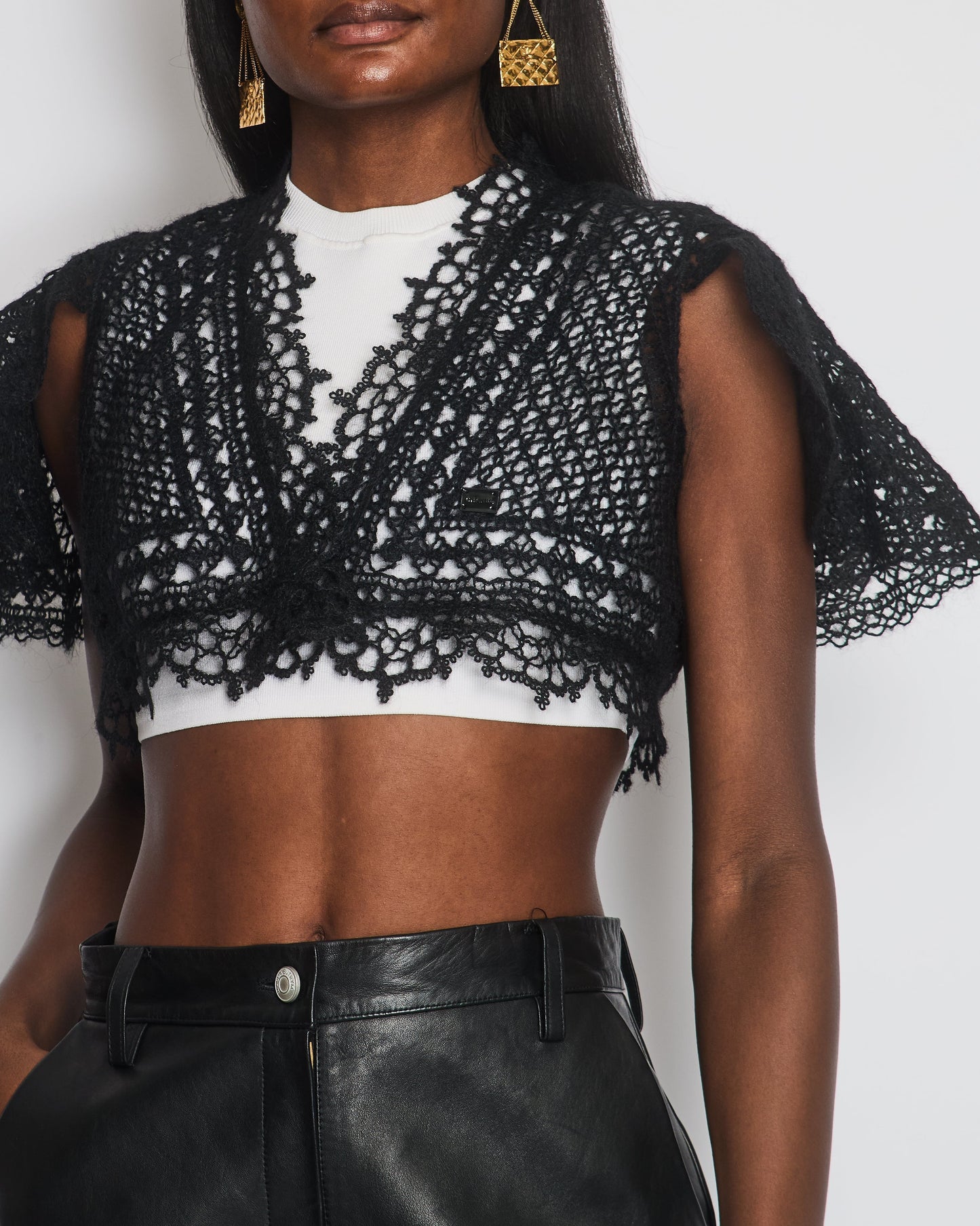 Chanel Black Crochet Knit igan with Shoulder Sleeves Detail Size FR 34-36 (UK 6-8)