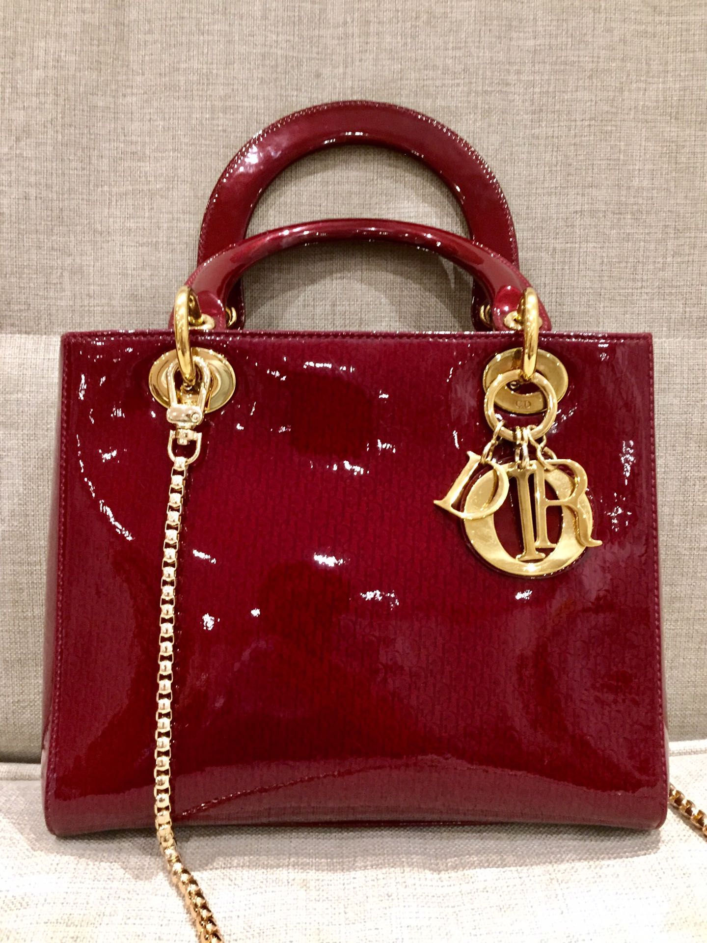 Lady Dior Medium Red Patent Leather Monogram Embossed Handbag Gold Hardware